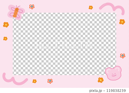 Cute pastel pink frame with teddy bear, butterfly, flowers for polaroid frame, animal, zoo, souvenir, social media, post card, rectangle template, sticky note, banner, name tag, spring, summer Cute pastel pink frame with teddy bear, butterfly, flowers for polaroid frame, animal, zoo, souvenir, social media, post card, rectangle template, sticky note, banner, name tag, spring, summer 119838239