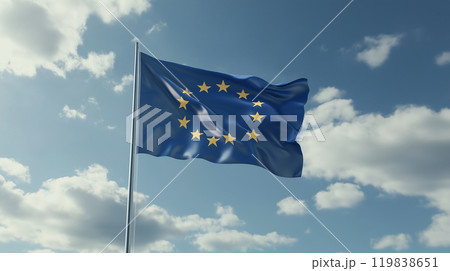 青空にはためく欧州連合の旗を下から見上げるアングルでリアルに描いたAI生成画像 119838651
