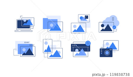 Pc, files, images and photography. Set of flat illustrations 119838738