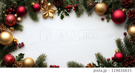 Red and gold Christmas ornaments on a white background. 119838833