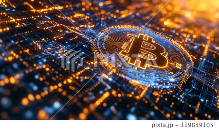A glowing Bitcoin symbol sits on a circuit board, representing the digital currency. 119839105