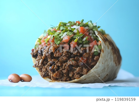 A delicious-looking beef burrito with cilantro and tomato. 119839159