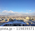 長野電鉄・須坂駅の駅舎と雪化粧をした北信州の街並みと山々 119839371