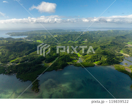 Scenic landscape of Island with green forest. Santa Fe, Tablas, Romblon. Philippines. Scenic landscape of Island with green forest. Santa Fe, Tablas, Romblon. Philippines. 119839522
