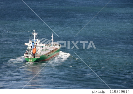 来島海峡の潮流の中を航行する貨物船 119839614