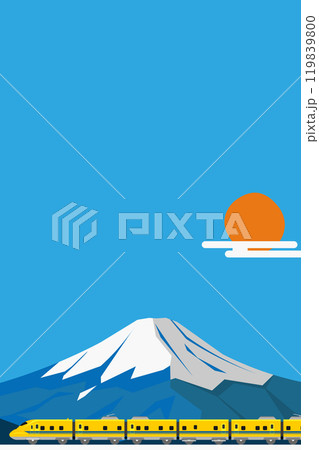 富士山と923形おもちゃ風のドクターイエローの背景イラスト 縦 119839800