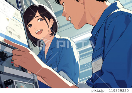 自動車工場で生産状況を確認するエンジニア_精密イラスト1 119839820