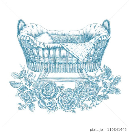 Cute retro baby cot cradle in flowers clipart. Toile de jouy style vintage line art illustration. Cute retro baby cot cradle in flowers clipart. Toile de jouy style vintage line art illustration. 119841443