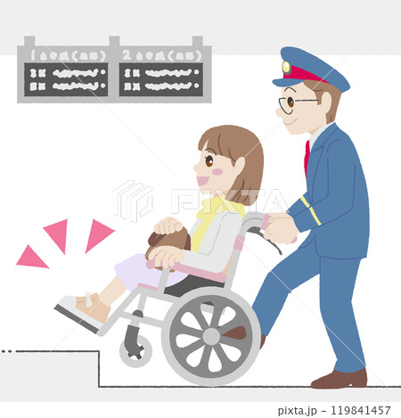 手描き風の車椅子の女性と介助する駅員 119841457