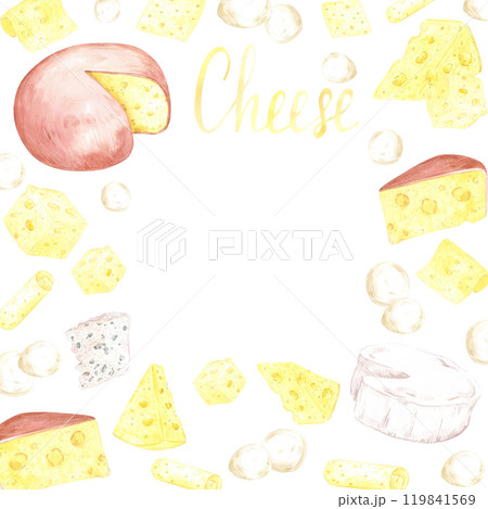 Hand drawn watercolor different kinds of cheese pieces frame border isolated on white background. Can be used for postcard, card, scrapbook and other printed products. Hand drawn watercolor different kinds of cheese pieces frame border isolated on white background. Can be used for postcard, card, scrapbook and other printed products. 119841569