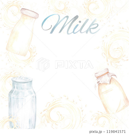 Hand drawn watercolor bottle and tin of milk with splashes frame border isolated on white background. Can be used for postcard, card, scrapbook and other printed products. 119841571