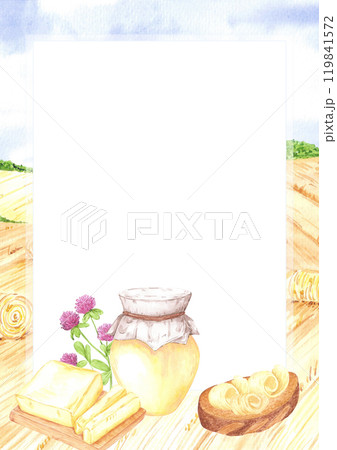 Hand drawn watercolor jar of ghee butter and sandwich with butter frame border isolated on field landscape background. Can be used for postcard, card, scrapbook and other printed products. 119841572