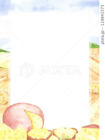 Hand drawn watercolor cheese pieces and sandwiches frame border isolated on field landscape background. Can be used for postcard, card, scrapbook and other printed products. 119841573