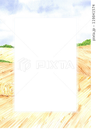 Hand drawn watercolor frame border landscape with dry fields and blue sky. Can be used for postcard, label, scrapbook and other printed products. 119841574