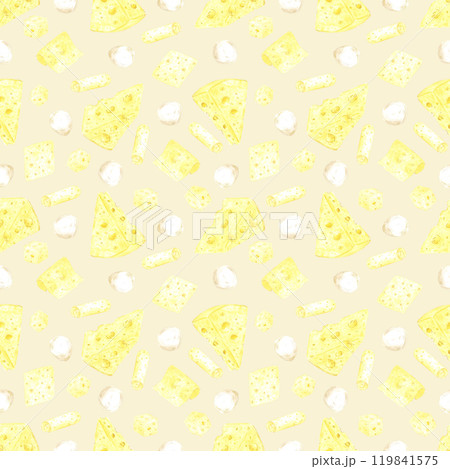 Hand drawn watercolor piece slice cube of cheese seamless pattern isolated on creamy background. Can be used for textile, fabric, scrapbook and other printed products. 119841575