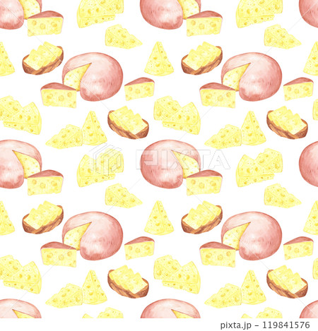 Hand drawn watercolor head and piece of cheese seamless pattern isolated on white background. Can be used for textile, fabric, scrapbook and other printed products. 119841576