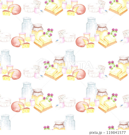 Hand drawn watercolor dairy products composition seamless pattern isolated on white background. Can be used for textile, wrapping, scrapbook and other printed products. 119841577