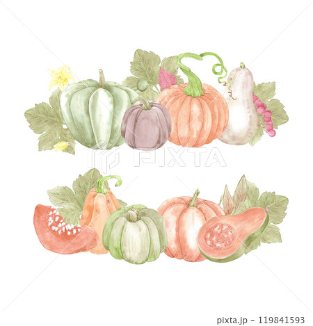 Hand drawn watercolor ripe pumpkins with berries and leaves composition isolated on white background. Can be used for postcard, label, scrapbook and other printed products. Hand drawn watercolor ripe pumpkins with berries and leaves composition isolated on white background. Can be used for postcard, label, scrapbook and other printed products. 119841593