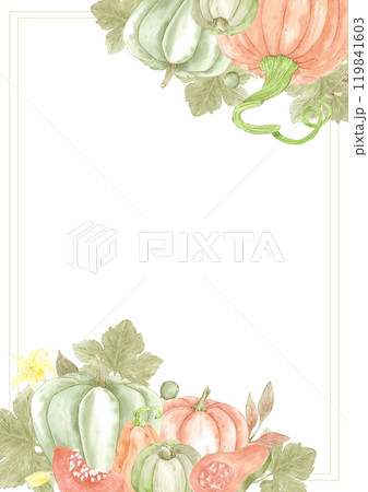 Hand drawn watercolor autumn pumpkins and leaves postcard frame border isolated on white background. Rural illustration Can be used for postcard, cover, scrapbook and other printed products. Hand drawn watercolor autumn pumpkins and leaves postcard frame border isolated on white background. Rural illustration Can be used for postcard, cover, scrapbook and other printed products. 119841603