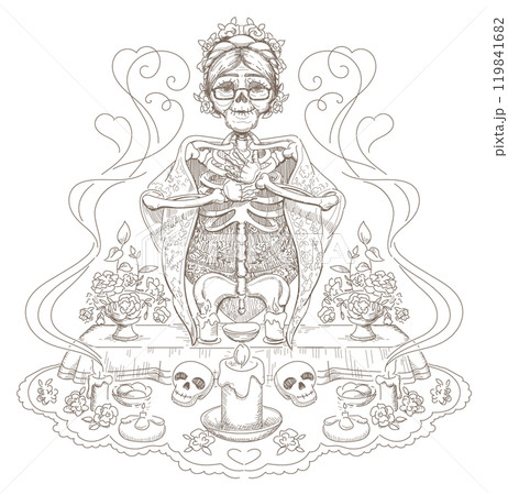 Day of dead festive dinner skeleton great grandmother at memorial holiday table Day of dead festive dinner skeleton great grandmother at memorial holiday table 119841682