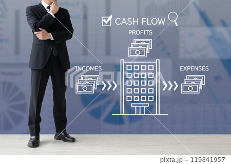 考えるビジネスマンと企業のキャッシュフローのイメージイラストを合成した素材 考えるビジネスマンと企業のキャッシュフローのイメージイラストを合成した素材 119841957