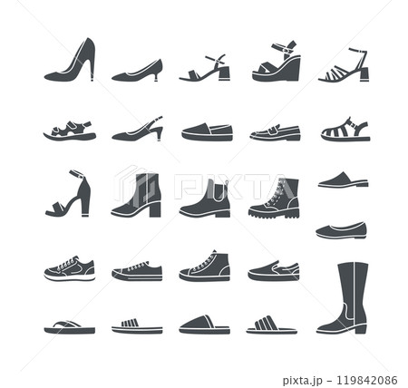 Women shoes collection. Basic types of footwear for lady. High heels, sandals, boots, flats, loafers, slippers. Simple solid silhouette icons for clothing shop. Side view pictograms, isolated 119842086