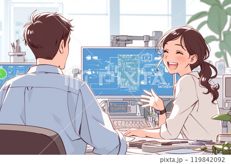 回路図を見ながら打ち合わせるエンジニア_1 119842092