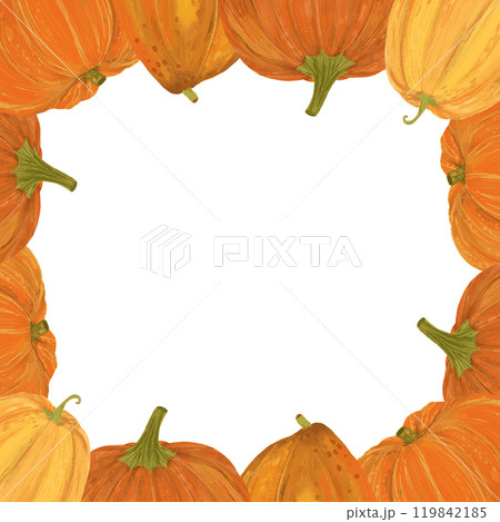 Hand drawn pumpkin arrangement. Pumpkin flower frame for card design. 119842185