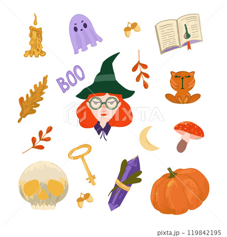 Halloween sticker set. Girl in Halloween witch costume and spooky elements. Cartoon vector magic Halloween sticker set. Girl in Halloween witch costume and spooky elements. Cartoon vector magic 119842195