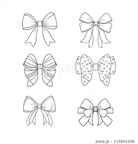 Set of birthday bows. Line drawing in black and white for the festival of icons.  119842208
