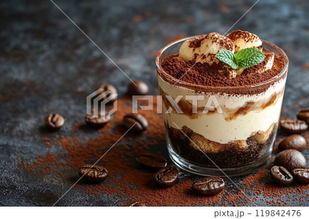 A glass cup holds a classic Italian dessert Tiramisu, layered with mascarpone 119842476