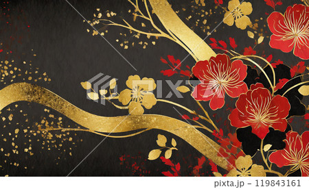 黒に金と赤をあしらった華やかな和風背景素材のイラスト素材