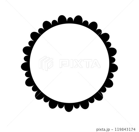 Scalloped edge circle frame. Simple round scalloped border. Fabric lace pattern frame. Repeat cute vintage frill ornament. Texture ribbon. Vector illustration isolated on white background. Scalloped edge circle frame. Simple round scalloped border. Fabric lace pattern frame. Repeat cute vintage frill ornament. Texture ribbon. Vector illustration isolated on white background. 119843174