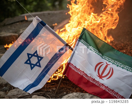 Flags of Israel and Iran against a background of fire. Flags of Israel and Iran against a background of fire. 119843285