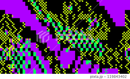 Abstract glitch art with pixelated green and purple patterns on black background Abstract glitch art with pixelated green and purple patterns on black background 119843402
