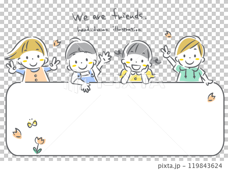 Spring frame of lively children - simple and cute line drawing illustration 119843624