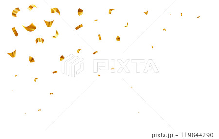 Golden shiny confetti flying. Bright golden festive tinsel for celebration Christmas, New Year, birthday party, Wedding ceremony, holiday event. Vector illustration 119844290