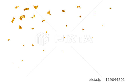 Falling shiny gold confetti. Bright golden festive tinsel for holiday banner, poster, flyer, invitation. Vector illustration 119844291