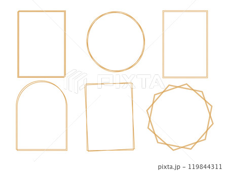 Set of outline gold frames on white background. Decorative elements for wedding invitation, grand opening, greeting card, certificate. Vector illustration 119844311