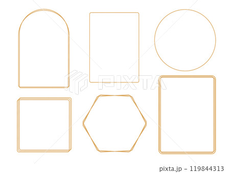 Set of outline gold frames on white background. Hexagon, round, square, rectangle, arch decorative elements for wedding invitation, grand opening, greeting card, certificate. Vector illustration Set of outline gold frames on white background. Hexagon, round, square, rectangle, arch decorative elements for wedding invitation, grand opening, greeting card, certificate. Vector illustration 119844313