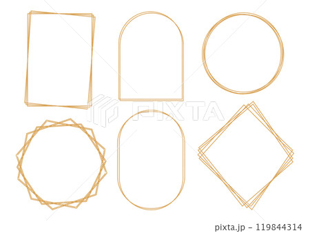 Set of 3d outline gold frames on white background. Hexagon, round, oval, rectangle, arch decorative elements for wedding invitation, grand opening, greeting card, certificate. Vector illustration Set of 3d outline gold frames on white background. Hexagon, round, oval, rectangle, arch decorative elements for wedding invitation, grand opening, greeting card, certificate. Vector illustration 119844314