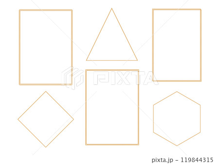 Set of outline gold frames on white background. Hexagon, rectangle, triangle decorative elements for wedding invitation, grand opening, greeting card, certificate. Vector illustration Set of outline gold frames on white background. Hexagon, rectangle, triangle decorative elements for wedding invitation, grand opening, greeting card, certificate. Vector illustration 119844315