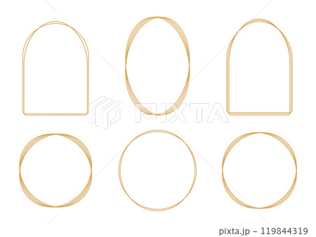Set of outline gold frames on white background. Arch, round, oval decorative elements for wedding invitation, grand opening, greeting card, certificate. Vector illustration Set of outline gold frames on white background. Arch, round, oval decorative elements for wedding invitation, grand opening, greeting card, certificate. Vector illustration 119844319
