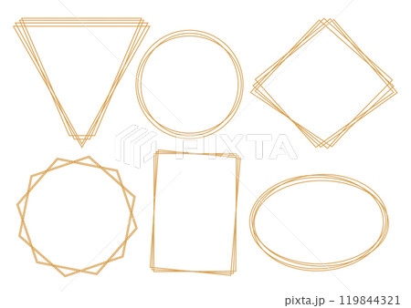 Set of outline gold frames on white background. Hexagon, round, oval, rectangle, triangle decorative elements for wedding invitation, grand opening, greeting card, certificate. Vector illustration Set of outline gold frames on white background. Hexagon, round, oval, rectangle, triangle decorative elements for wedding invitation, grand opening, greeting card, certificate. Vector illustration 119844321