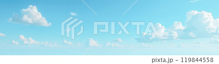 Panoramic view of tranquil blue sky and fluffy cumulus clouds spread evenly, serene day backdrop for design projects, wide open clear skies with soft white cloud formations on sunny day 119844558