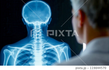 Digital X-ray of Human Skeleton in Blue Hue with Medical Professional Analyzing Bone Structure for Health Checkup, Advanced Diagnostic Imaging Technology in Medicine Digital X-ray of Human Skeleton in Blue Hue with Medical Professional Analyzing Bone Structure for Health Checkup, Advanced Diagnostic Imaging Technology in Medicine 119844570