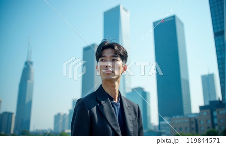 Ambitious young Korean entrepreneur stands before towering cityscape. Korea economic expansion, corporate dominance, and global influence in modern business world Ambitious young Korean entrepreneur stands before towering cityscape. Korea economic expansion, corporate dominance, and global influence in modern business world 119844571