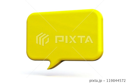 Bright yellow speech bubble on white background, 3D illustration representing communication, messaging, dialogue, conversation, chat, social media, graphic design 119844572