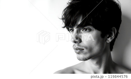 close-up shot of young man with tousled dark hair and bare shoulders, looking directly at camera. Neutral expression and clean white background. artistic, editorial, or conceptual photography 119844576