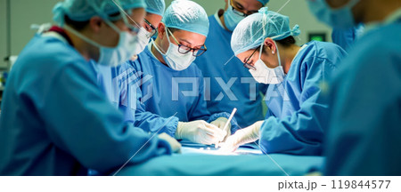 Medical Professionals Conducting Surgery, Skilled Surgeons at Work in Operating Theater, Healthcare Workers with Surgical Instruments During Operation, Clinical Environment Medical Professionals Conducting Surgery, Skilled Surgeons at Work in Operating Theater, Healthcare Workers with Surgical Instruments During Operation, Clinical Environment 119844577